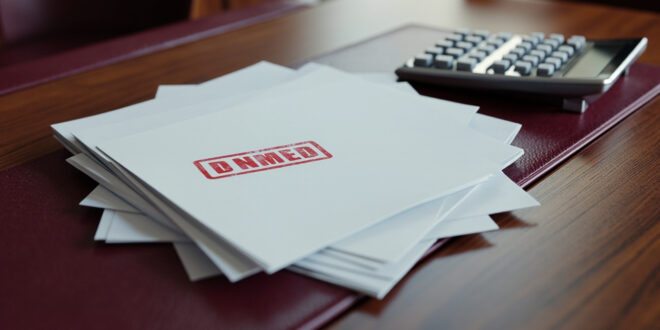 Budget documents and financial papers spread across conference table with calculator and official stamps