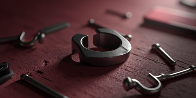 Two broken wedding rings separated on aged wood surface with scattered rose petals and torn papers.