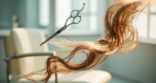 Hair cutting scissors suspended above blonde and brown hair strands on salon floor.