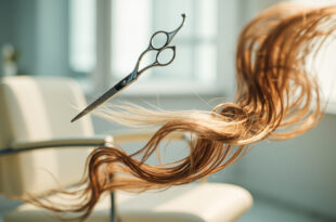 Hair cutting scissors suspended above blonde and brown hair strands on salon floor.