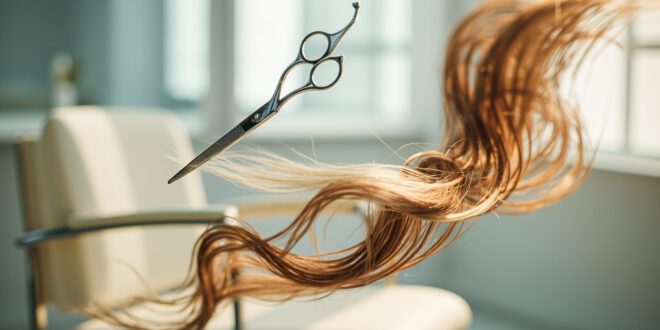 Hair cutting scissors suspended above blonde and brown hair strands on salon floor.