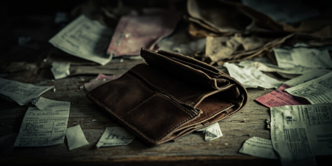 Empty wallet lies open beside unpaid bills and basic household items on a kitchen table