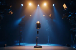 Empty television studio with professional lighting equipment, cameras, and illuminated microphone on host desk