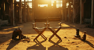 Two empty director chairs on dusty film set with western props and equipment scattered around
