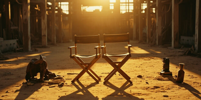 Two empty director chairs on dusty film set with western props and equipment scattered around