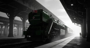 Dark green armored train with North Korean flag at Beijing Railway Station platform under overcast sky.