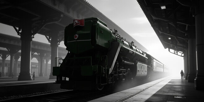 Dark green armored train with North Korean flag at Beijing Railway Station platform under overcast sky.