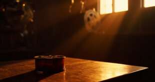 Vintage film reel and canister on wooden surface in moody lighting with warm golden tones