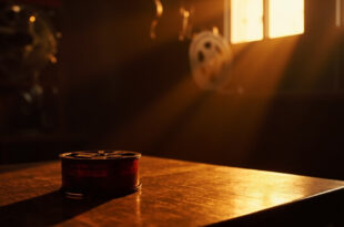 Vintage film reel and canister on wooden surface in moody lighting with warm golden tones