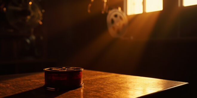 Vintage film reel and canister on wooden surface in moody lighting with warm golden tones