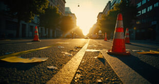 Empty street with orange traffic cones and police barriers scattered across asphalt pavement in urban setting