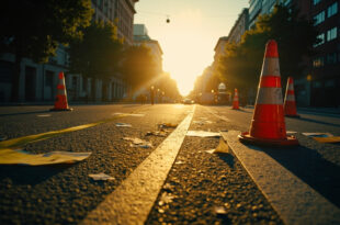 Empty street with orange traffic cones and police barriers scattered across asphalt pavement in urban setting