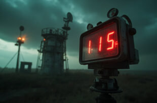 Digital thermometer and weather monitoring equipment against dramatic stormy sky with industrial smokestacks in distance