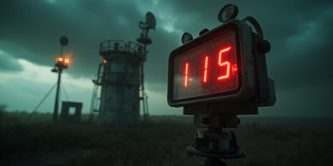 Digital thermometer and weather monitoring equipment against dramatic stormy sky with industrial smokestacks in distance