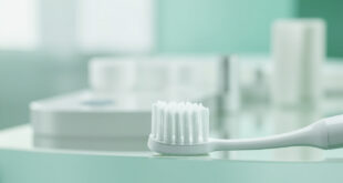 Close-up of electric toothbrush head with soft bristles on white ceramic surface