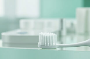 Close-up of electric toothbrush head with soft bristles on white ceramic surface