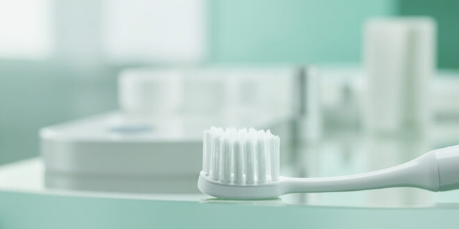 Close-up of electric toothbrush head with soft bristles on white ceramic surface