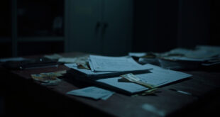 Stack of official documents and euro banknotes on dark wooden desk in shadowy office setting