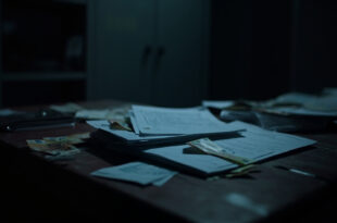 Stack of official documents and euro banknotes on dark wooden desk in shadowy office setting