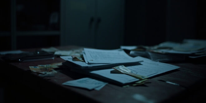 Stack of official documents and euro banknotes on dark wooden desk in shadowy office setting