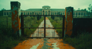 Empty detention facility entrance with rusted gates and overgrown swampland vegetation in Florida Everglades