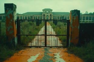 Empty detention facility entrance with rusted gates and overgrown swampland vegetation in Florida Everglades