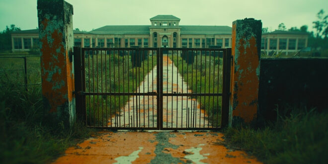 Empty detention facility entrance with rusted gates and overgrown swampland vegetation in Florida Everglades