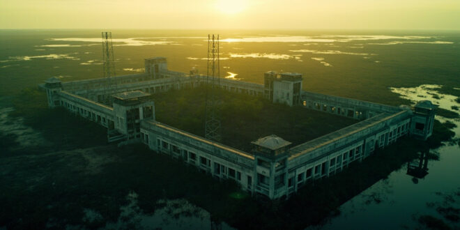 Aerial view of empty detention facility with concrete buildings surrounded by Everglades wetlands and security fencing