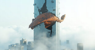 Futuristic skyscraper with large rusted ship hull sculpture embedded in its glass and steel structure