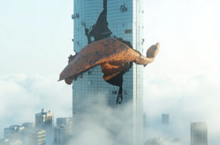 Futuristic skyscraper with large rusted ship hull sculpture embedded in its glass and steel structure