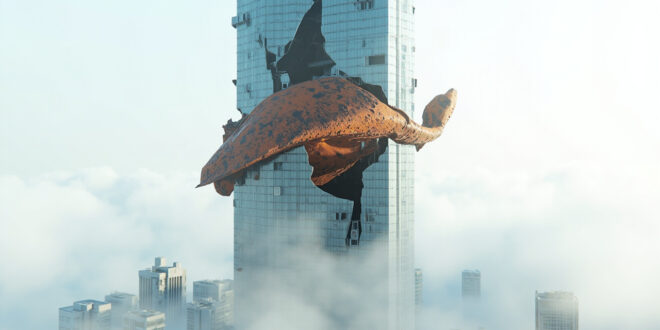Futuristic skyscraper with large rusted ship hull sculpture embedded in its glass and steel structure
