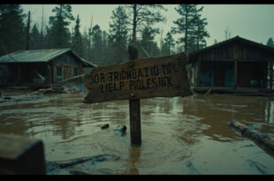 Damaged summer camp buildings with debris scattered around flooded grounds and overturned furniture
