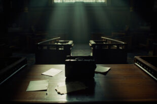 Open leather briefcase on wooden table in ornate government building with scattered official documents