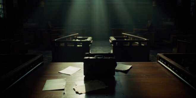 Open leather briefcase on wooden table in ornate government building with scattered official documents