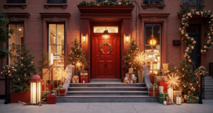 Elaborately decorated brownstone stoop with seasonal props and colorful displays on NYC street