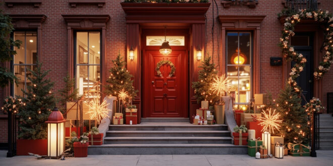 Elaborately decorated brownstone stoop with seasonal props and colorful displays on NYC street