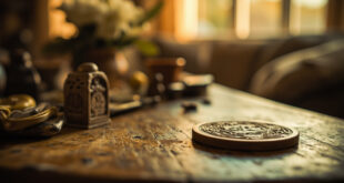 Wooden sobriety milestone chip resting on rustic table with soft natural lighting and home interior background