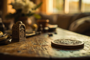 Wooden sobriety milestone chip resting on rustic table with soft natural lighting and home interior background