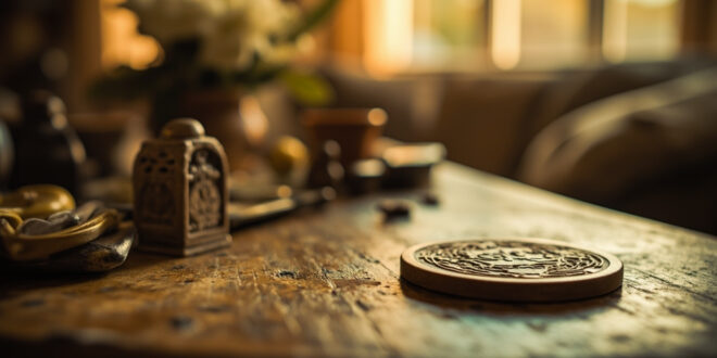 Wooden sobriety milestone chip resting on rustic table with soft natural lighting and home interior background