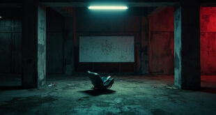 Empty overturned chair in concrete football dugout with harsh lighting creating dramatic shadows