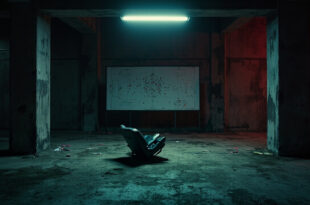 Empty overturned chair in concrete football dugout with harsh lighting creating dramatic shadows