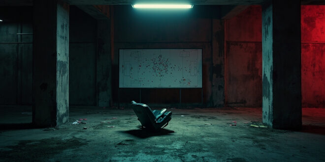 Empty overturned chair in concrete football dugout with harsh lighting creating dramatic shadows