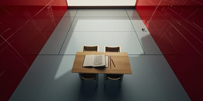 Empty classroom with wooden desks, open textbooks, and educational charts on walls