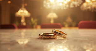 Two elegant wedding rings with detailed engravings resting on polished marble surface under soft lighting