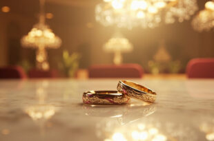 Two elegant wedding rings with detailed engravings resting on polished marble surface under soft lighting
