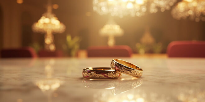 Two elegant wedding rings with detailed engravings resting on polished marble surface under soft lighting