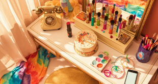 Vintage rotary phone beside colorful makeup palette, tie-dye clothing, and golden cake on vanity table