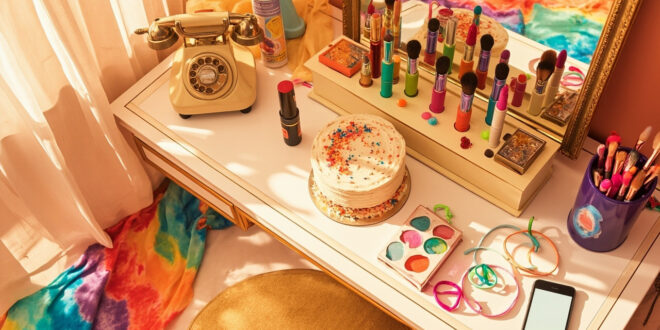 Vintage rotary phone beside colorful makeup palette, tie-dye clothing, and golden cake on vanity table