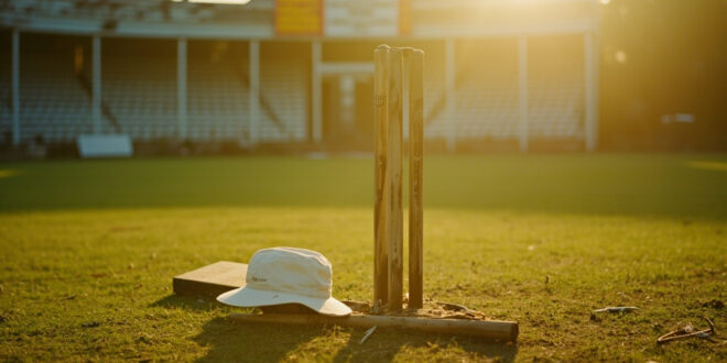 White umpire cap placed on cricket stumps in empty ground with traditional pavilion background