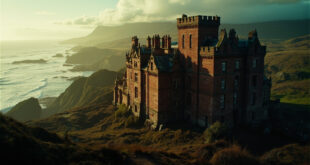 Red sandstone Victorian castle with turrets on Scottish island surrounded by green grounds and distant mountains.